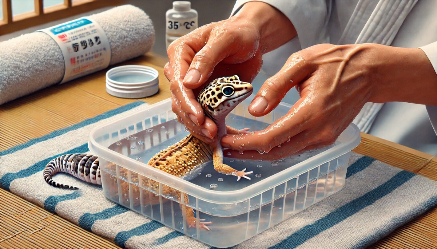 日本人が浅いぬるま湯でヒョウモントカゲモドキを優しく温浴させている場面を描いた、安全な脱皮サポート方法を示す画像。
