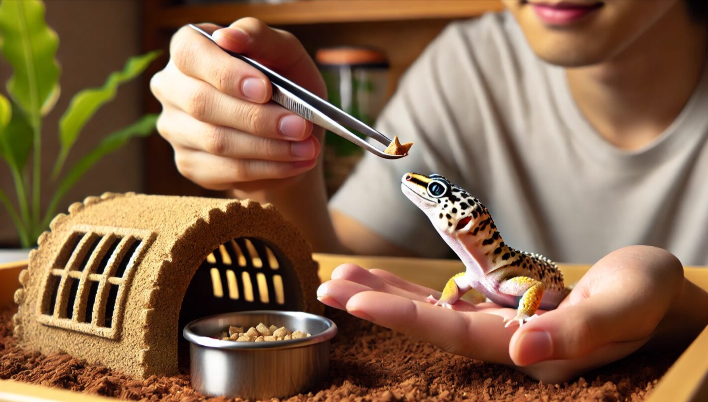 レオパがシェルターから顔を出し、飼い主が持つピンセットの餌を見つめている様子。食欲がある行動の一例。