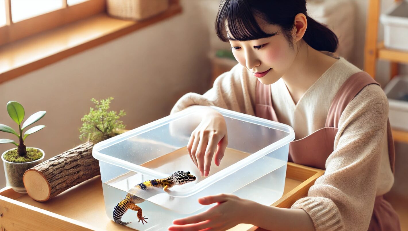 日本人女性がレオパを浅いぬるま湯に優しく入れて、脱皮不全などの応急処置を行っている場面。