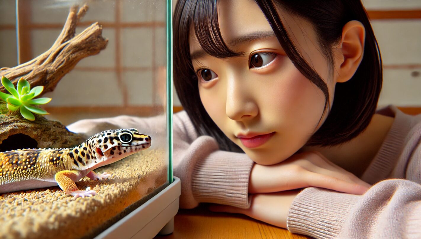 日本人女性がレオパを注意深く観察しており、レオパは片目を細めたり前足で目をこすったりと、初期の目の異常を示している様子。