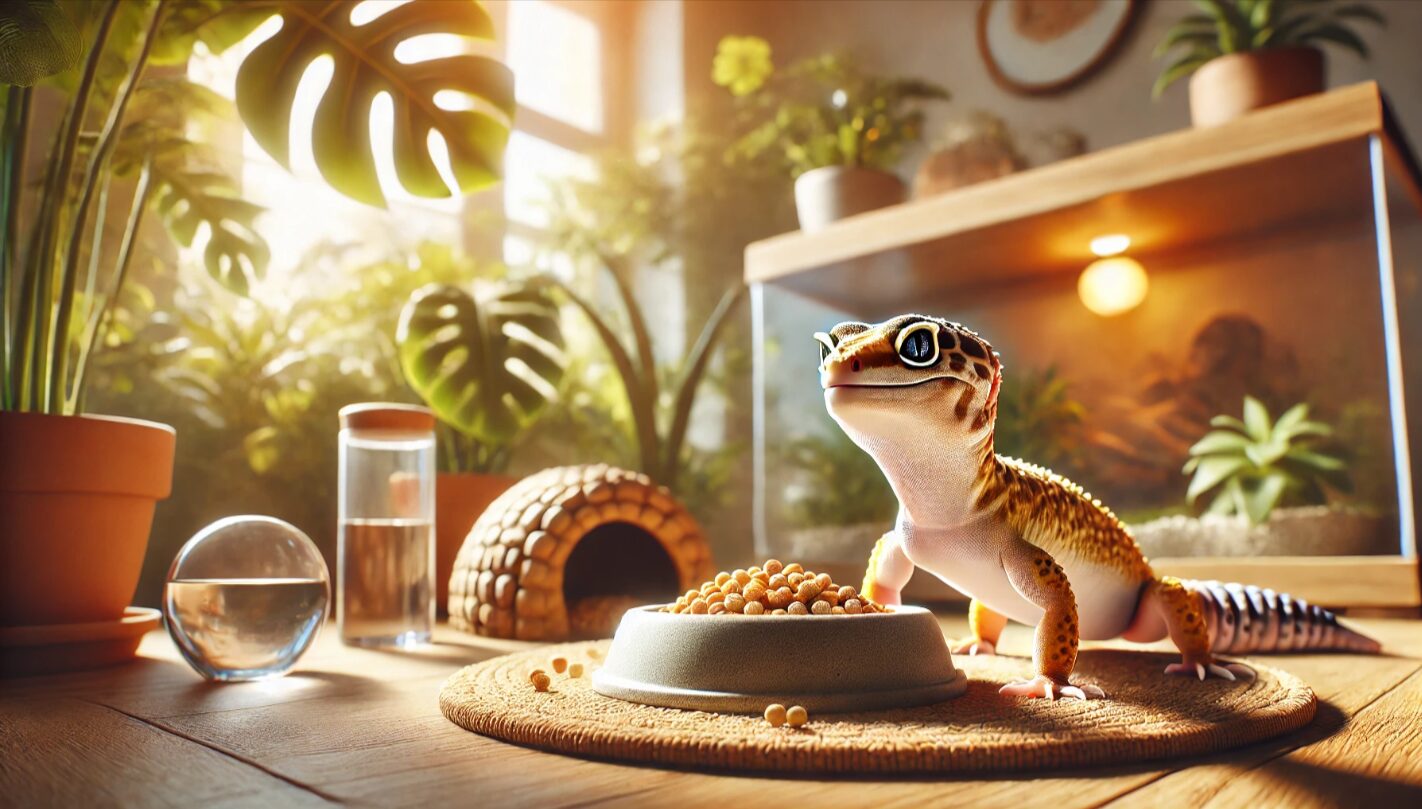 清潔なケージ内でエサ皿の近くにいるレオパードゲッコーのリアルな姿。給餌や行動観察に適した環境が整えられている様子。