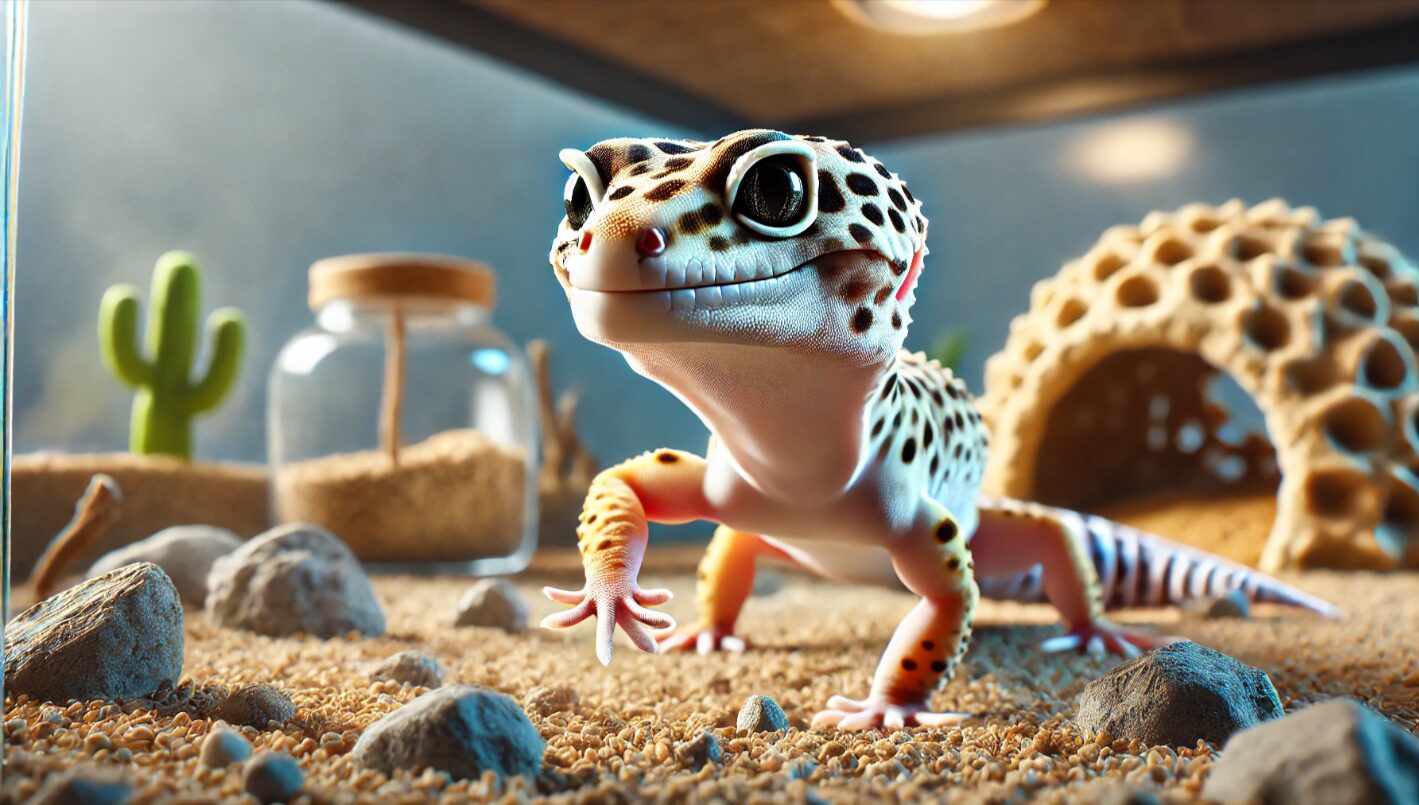 ケージ内を活発に歩き回るレオパードゲッコーの様子。空腹サインとしての探索行動を示す姿がリアルに描かれている。