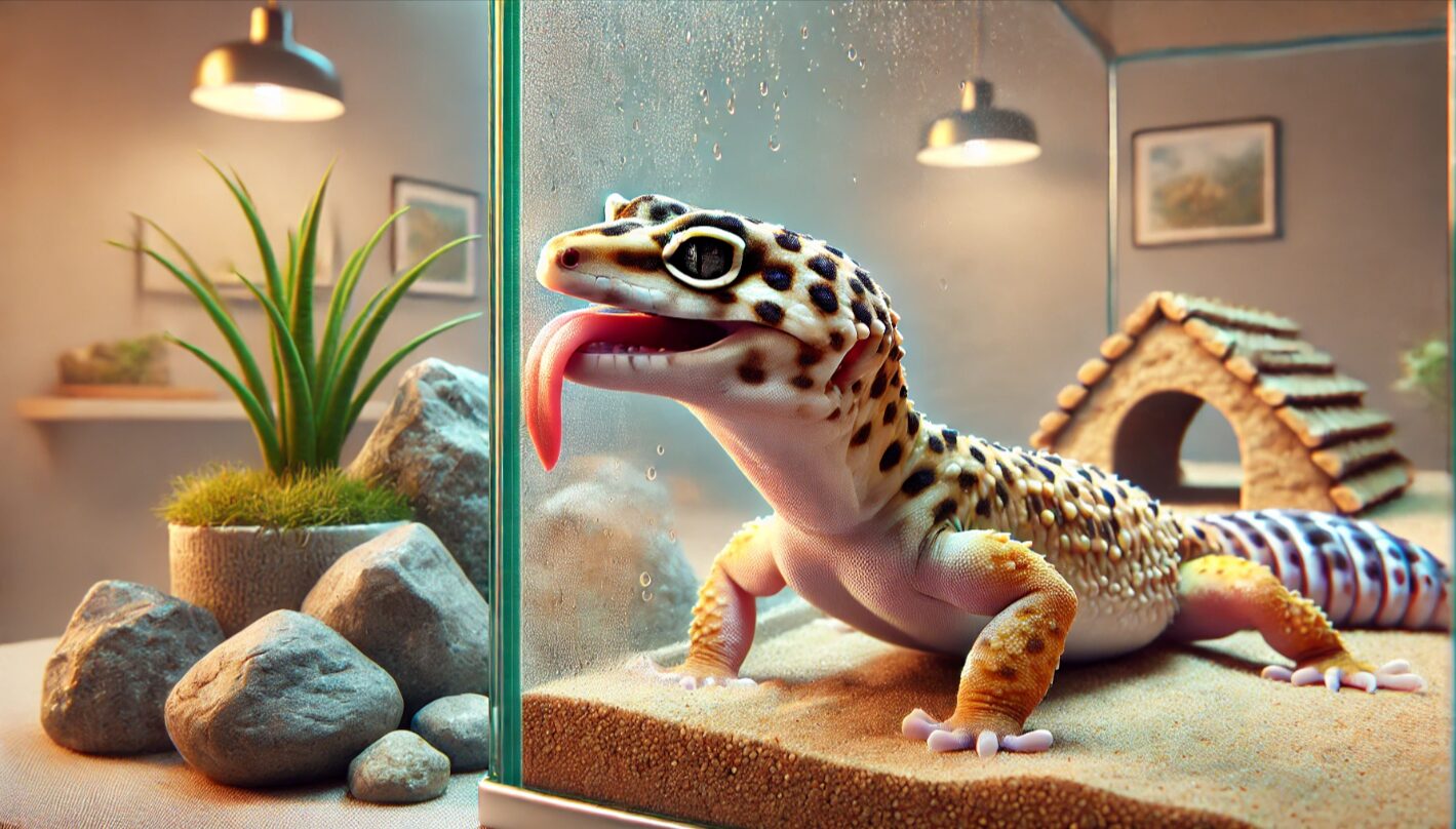 ケージの床を舐めているレオパードゲッコー。空腹時に見られる行動の一例として、餌を探している様子を表現。