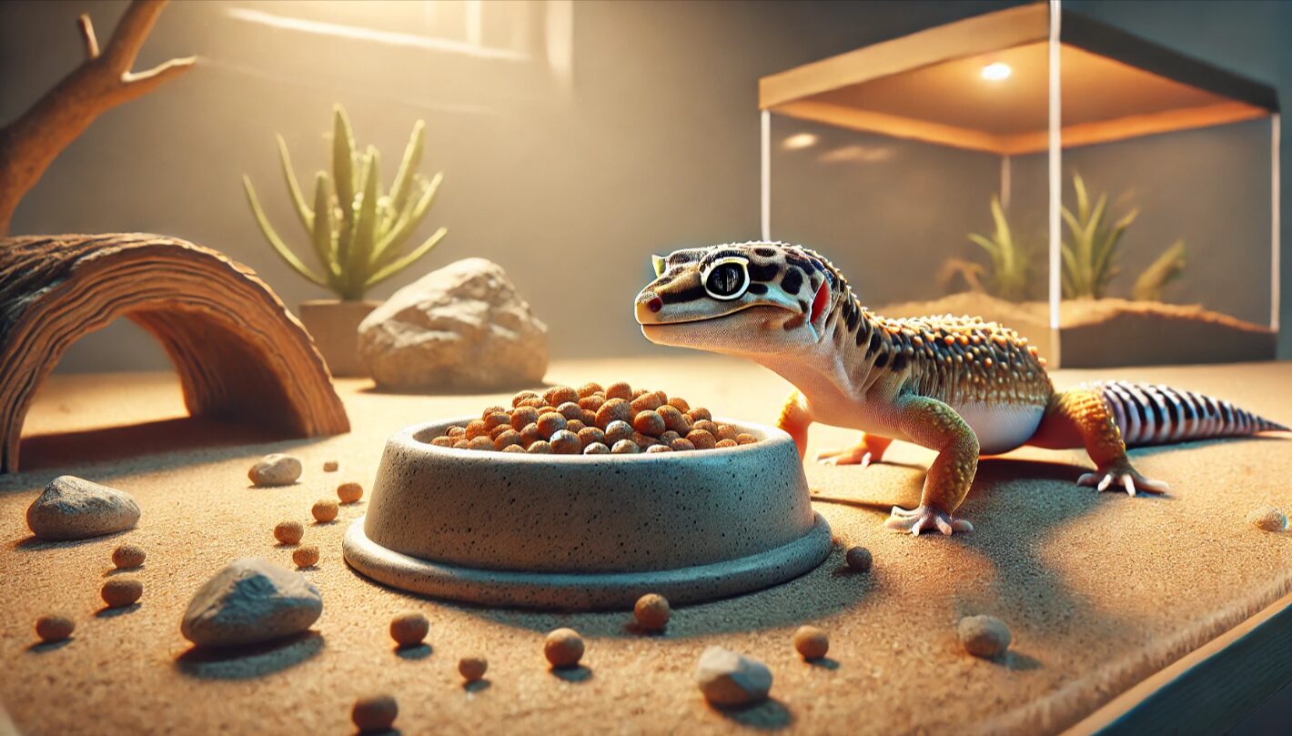 餌皿の近くで様子をうかがうレオパードゲッコー。空腹サインの前後を見極める給餌タイミングの重要性を示す場面。