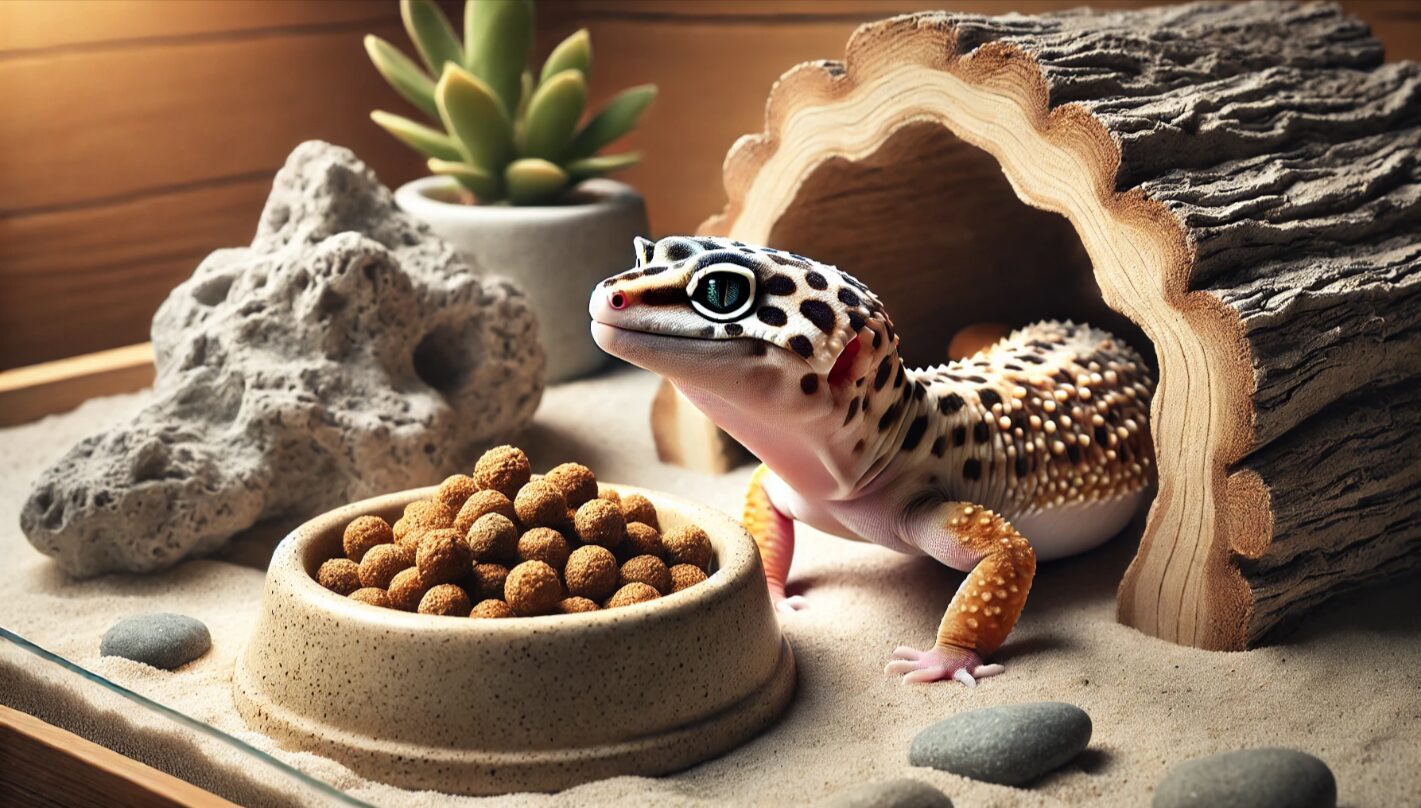 餌に興味を示さず顔をそむけるレオパードゲッコー。満腹のサインとしての行動を視覚的に表現した画像。