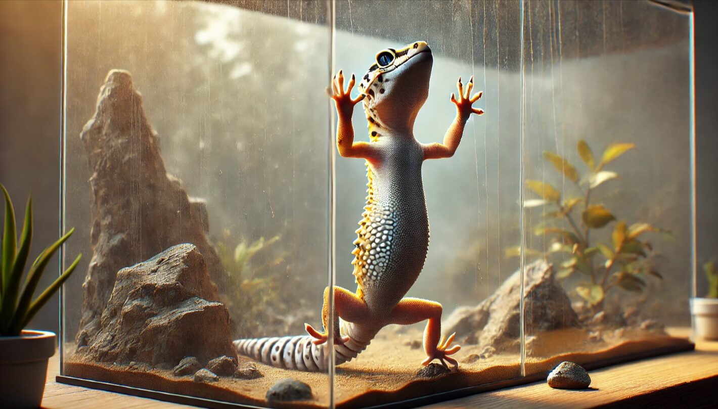 ケージのガラス面をよじ登ろうとするレオパードゲッコー。出せ出せダンスと呼ばれる行動をリアルに再現した画像。