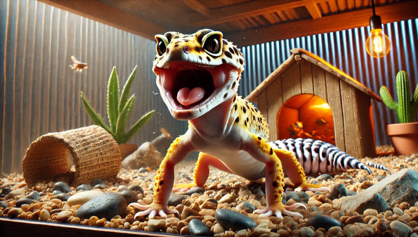 威嚇するように口を開けたレオパードゲッコー。極度の空腹による攻撃的な行動の一例を示すシーン。