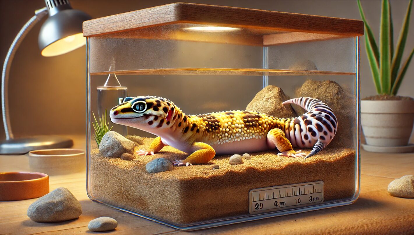 少し痩せた尻尾を持つレオパードゲッコーがシェルター付近で静かに休んでいる様子。短期間の絶食に耐えている状態を表す画像。