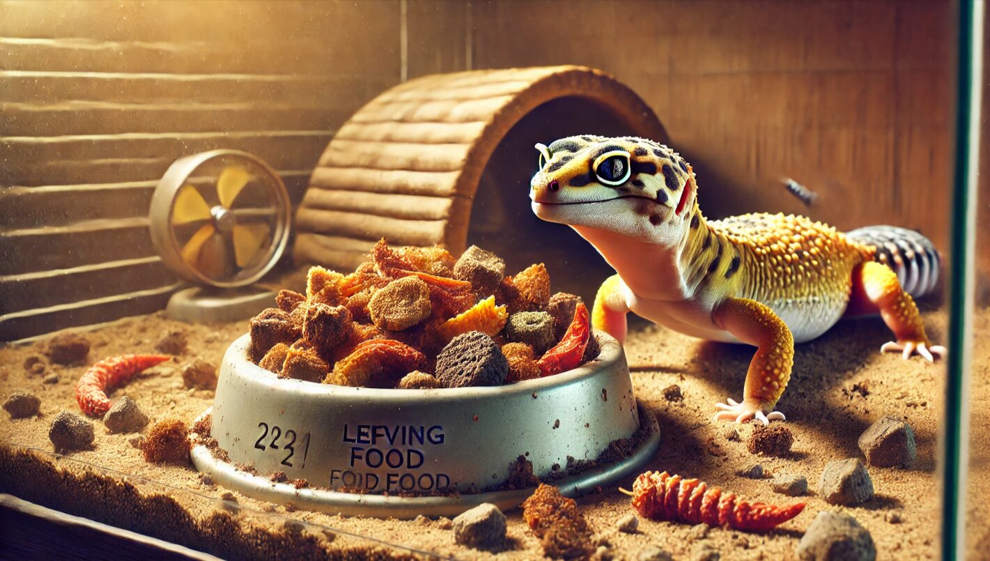 レオパードゲッコーが傷んだ餌のある餌皿から顔を背けている様子。餌の置きっぱなしによる衛生リスクを表現した画像。