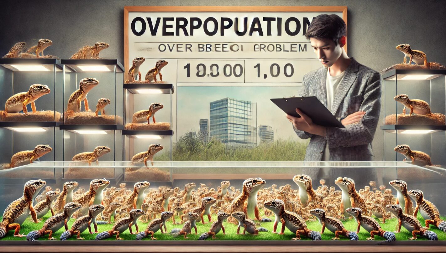 日本人の飼育者が多数のレオパを個別のケージで管理し、過剰繁殖の課題を考えている様子。供給過多やスペース不足の現状を視覚的に表現。