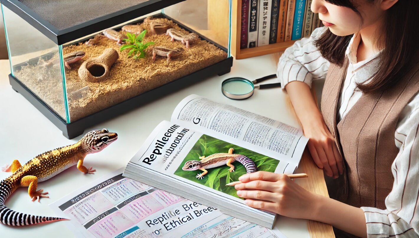 日本人のレオパ飼育者が繁殖ガイドを読みながら、倫理的な繁殖のための知識を整理している様子。繁殖前の学習と準備の重要性を表す。
