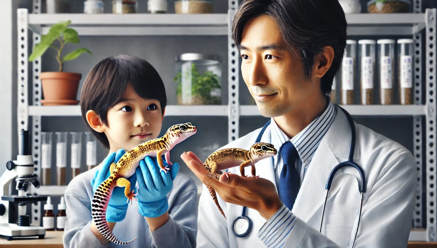 日本人のブリーダーが若いレオパと成体のレオパを比較して、繁殖に適した年齢や成熟度を確認している場面。