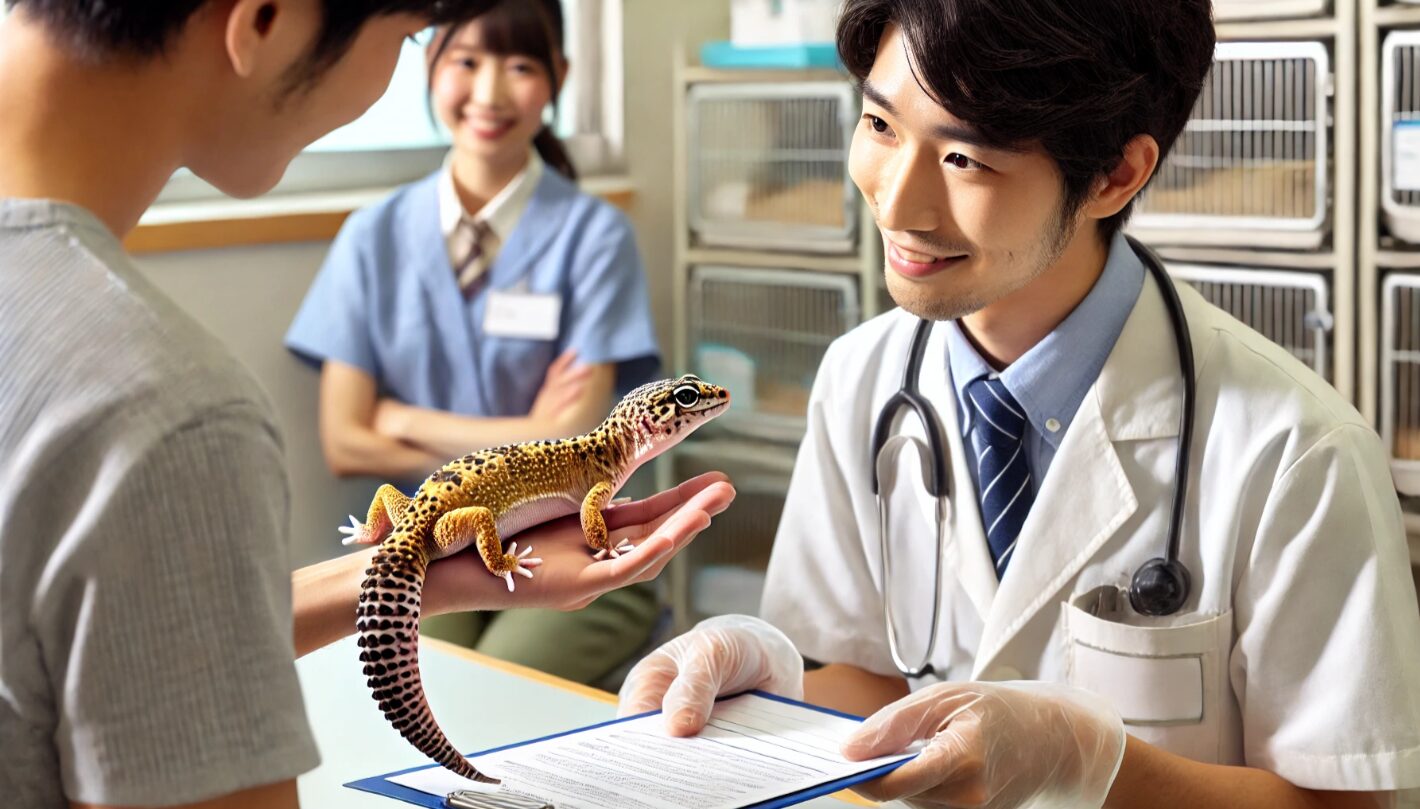 日本人のレオパ飼育者が、過剰繁殖で飼育困難になった個体を信頼できる引き取り施設のスタッフに手渡している光景。