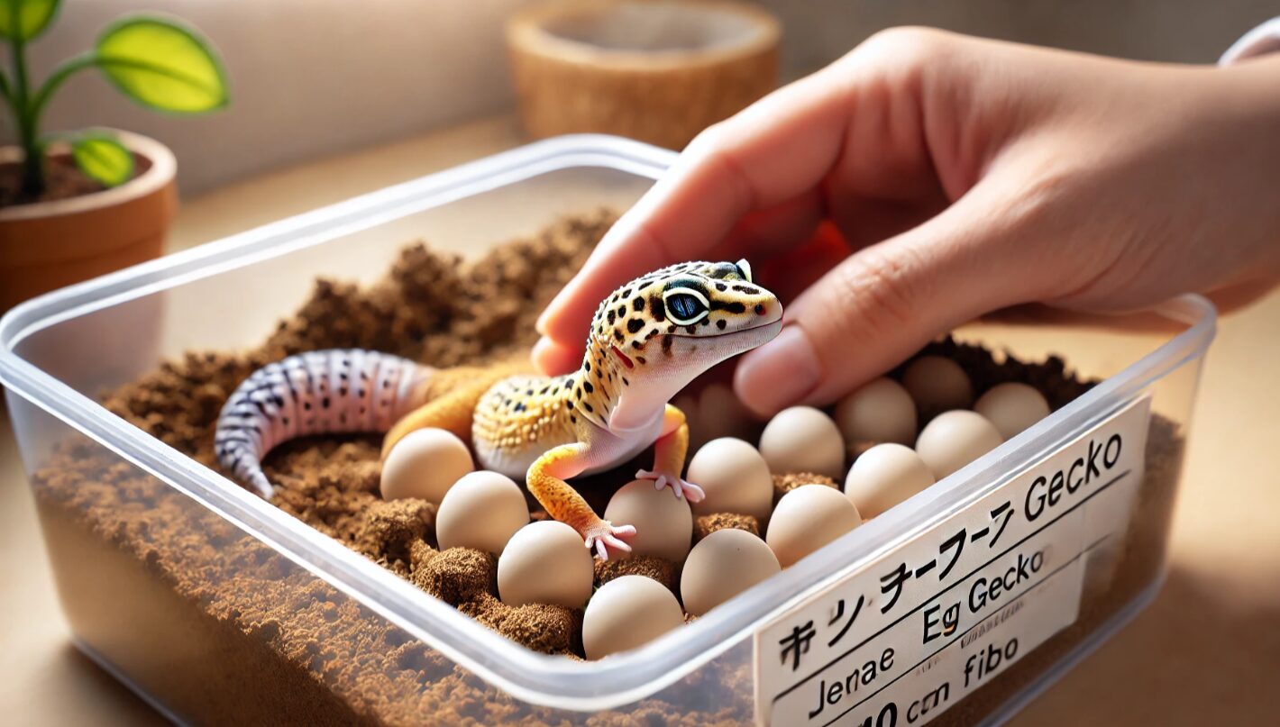 日本人の飼育者が、妊娠兆候のあるレオパと湿らせた産卵床を慎重に観察している様子。卵詰まり防止のための適切な管理を表現。