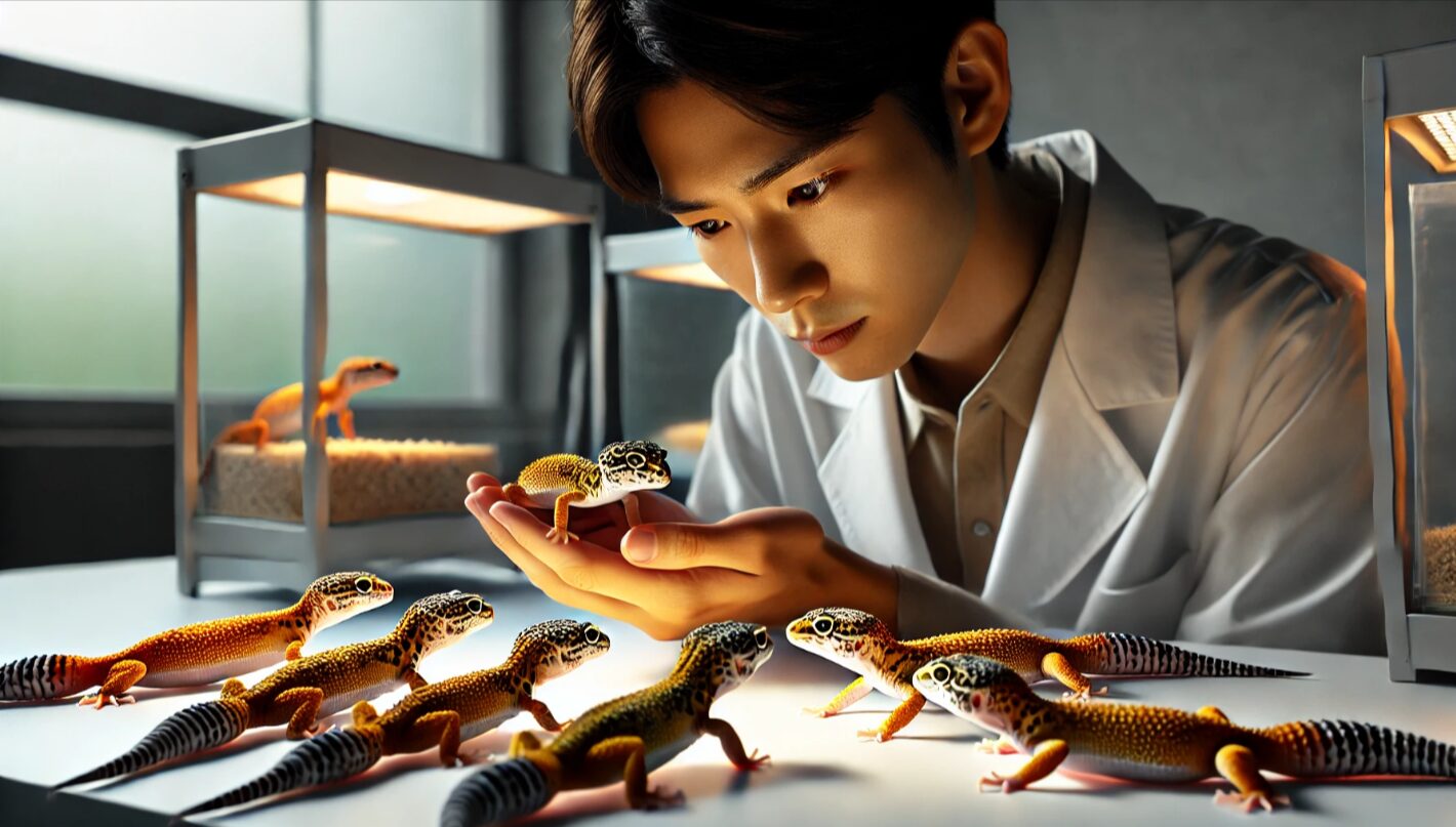 日本人のブリーダーが多様なモルフのヒョウモントカゲモドキを丁寧に観察している様子。遺伝的多様性と繁殖の倫理性に配慮した場面。