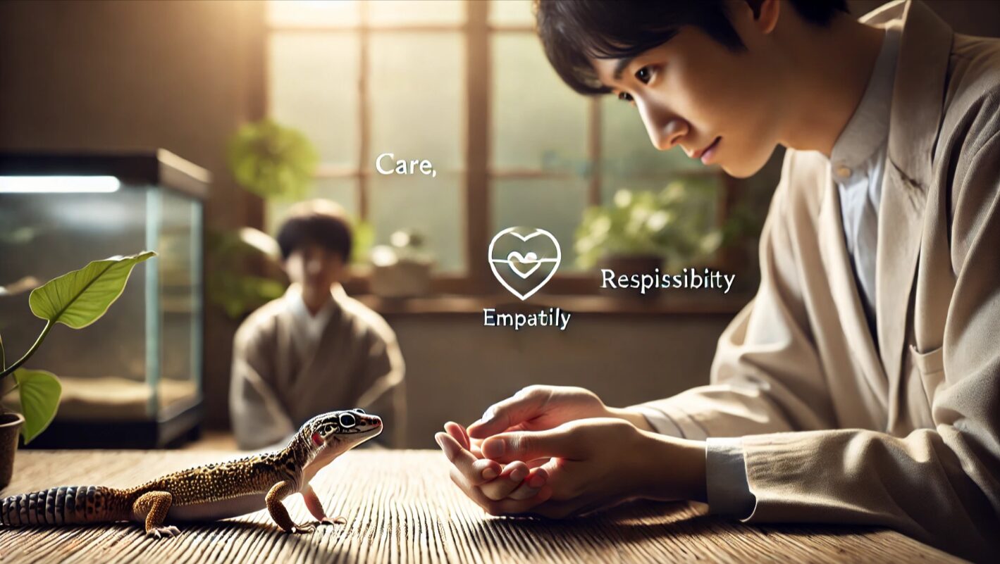 日本人のレオパ飼育者が、静かな室内でヒョウモントカゲモドキと優しくふれあいながら、命への責任と繁殖管理の重要性を感じている場面。