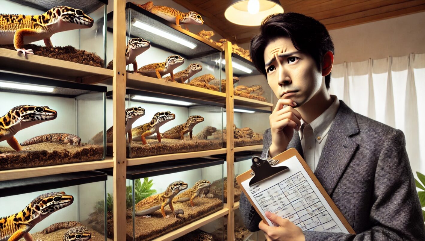 狭い部屋に多数のレオパ用ケージが並び、過密状態を前に困惑する日本人の飼育者。レオパの繁殖による供給過多とスペース不足の問題を象徴。