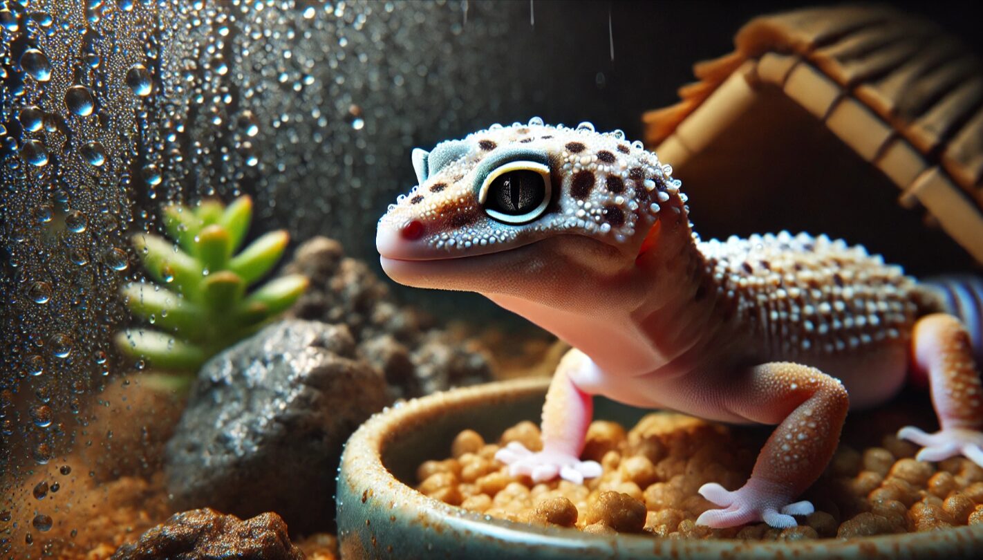 白っぽく変色したレオパードゲッコーが湿度の高いテラリウム内にいる様子。脱皮前の兆候を示す健康なレオパの姿。