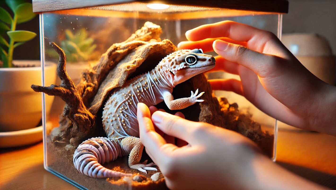 正常な脱皮前のレオパが湿ったシェルター内で皮膚が白くなっている様子。健康なサイクルの一環としての脱皮前兆を示すシーン。