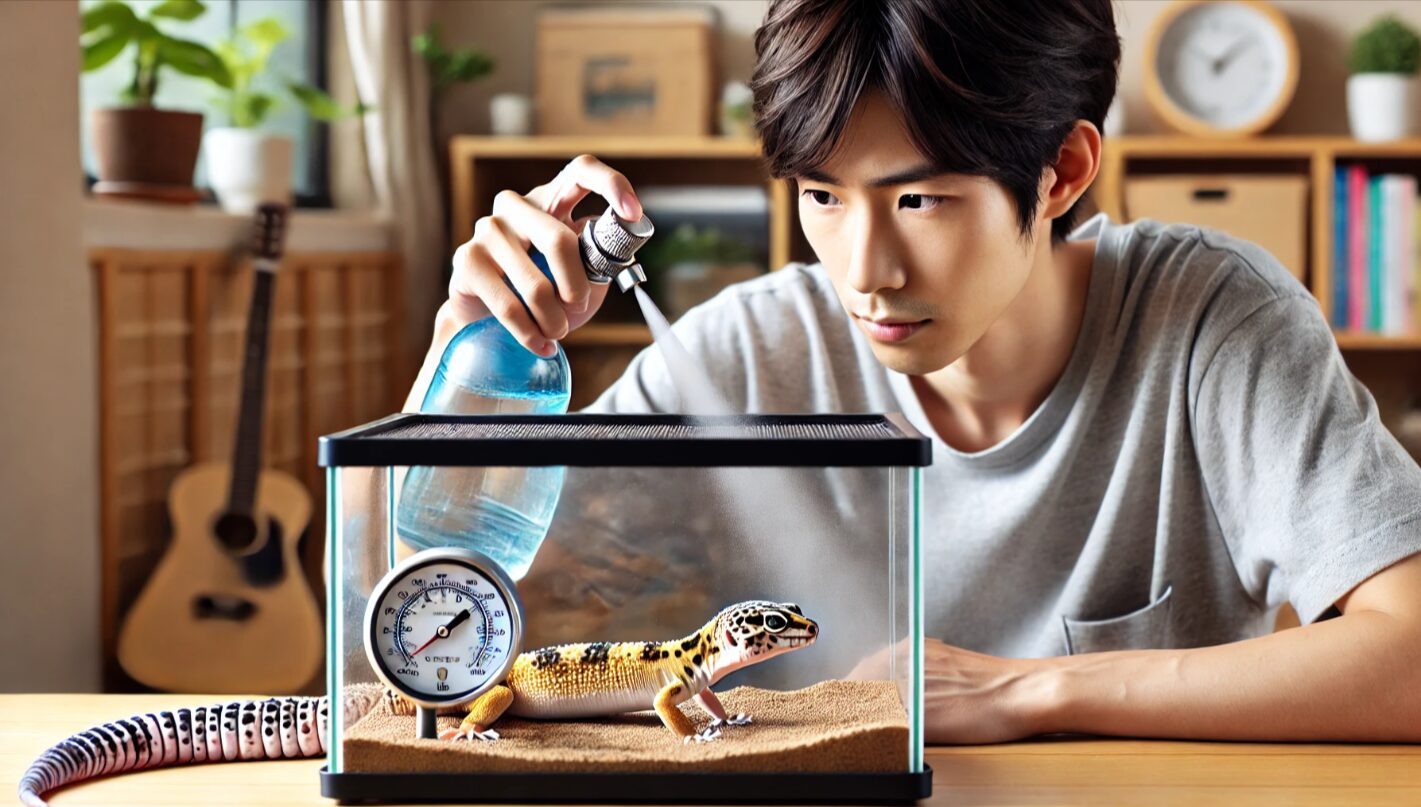 日本人の飼い主が湿度計を調整し、霧吹きでテラリウム内の湿度を管理している様子。脱皮トラブルへの対処場面。
