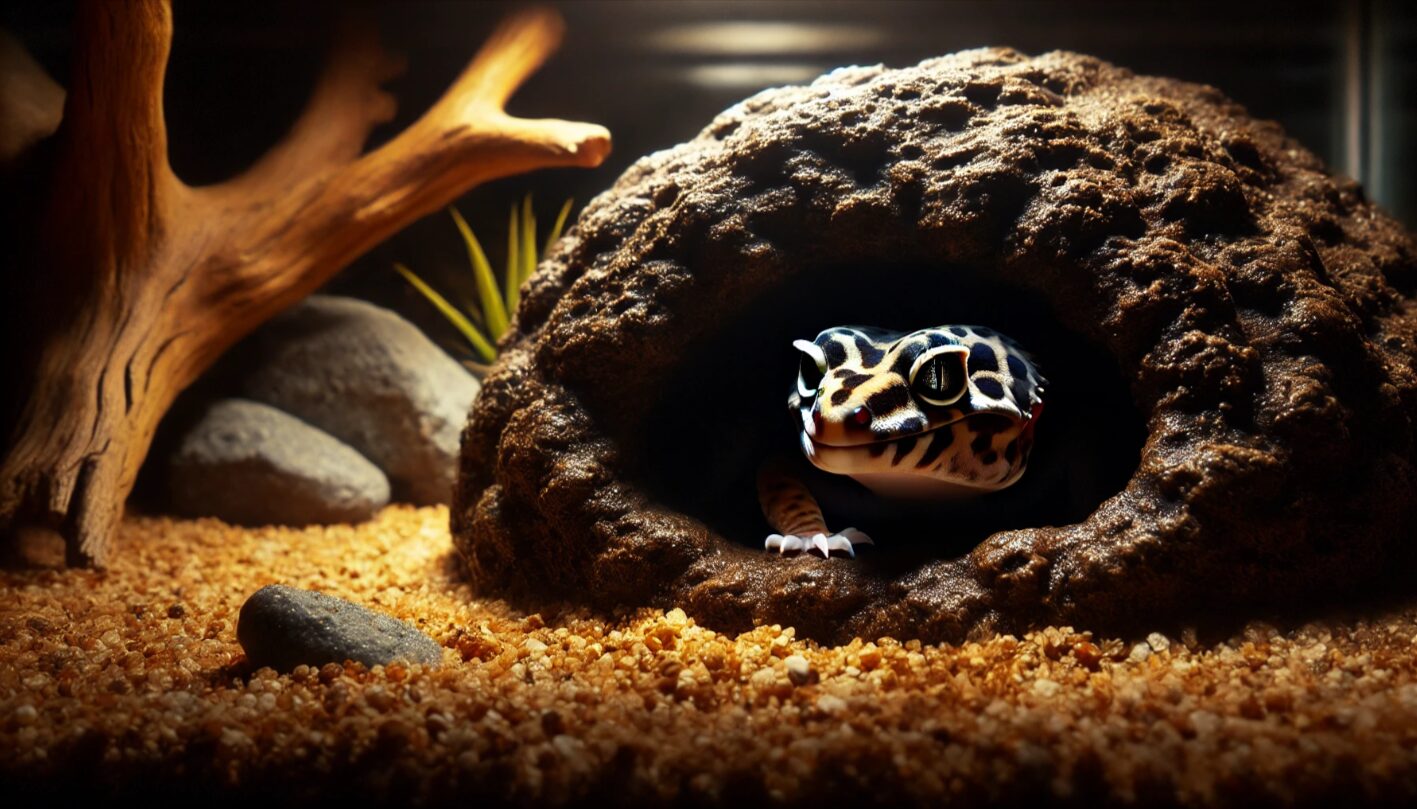 夜間にレオパがシェルター内に隠れている様子。脱皮が見られない理由としての夜行性の特徴を表現。