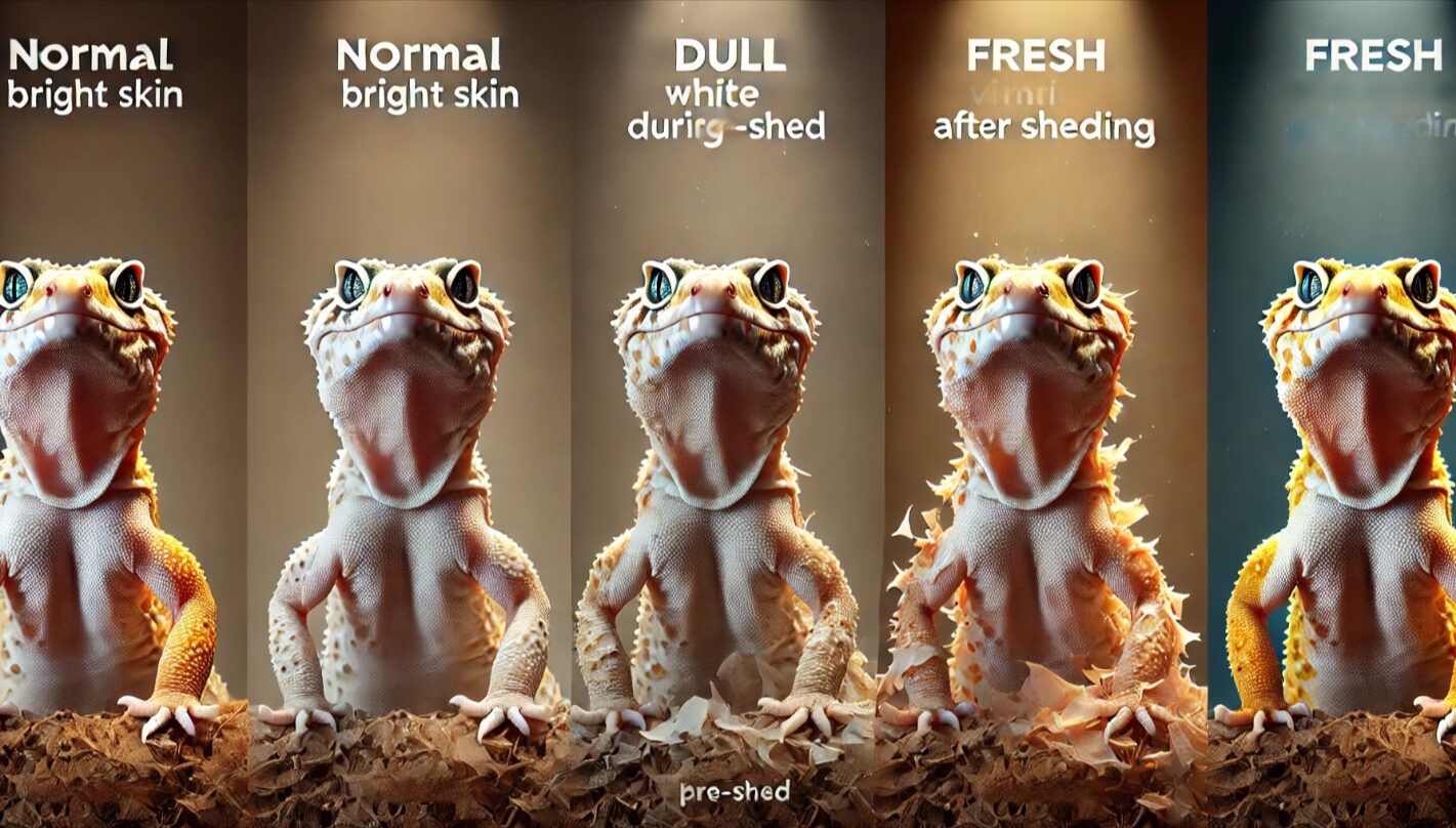 レオパの脱皮サイクルを3段階で視覚的に表した比較画像。鮮やかな皮膚、白っぽい脱皮前、脱皮直後のツヤのある皮膚を表現。