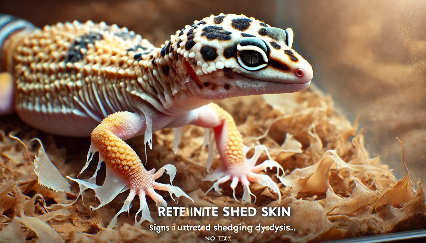 レオパの指先と尻尾に皮が残っている様子。脱皮不全による皮膚トラブルのリスクを示す。