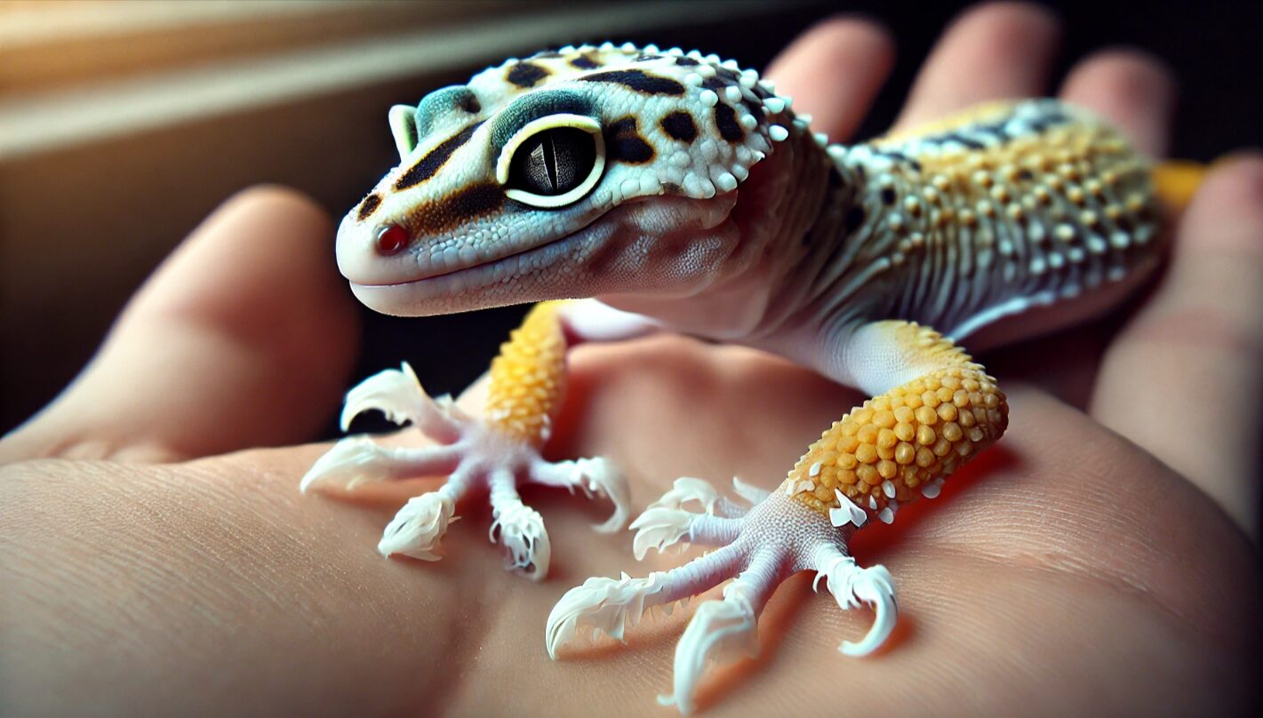 指先と尻尾の先端に脱皮不全の白い皮が残っているレオパ。健康チェックの重要ポイントを示す。