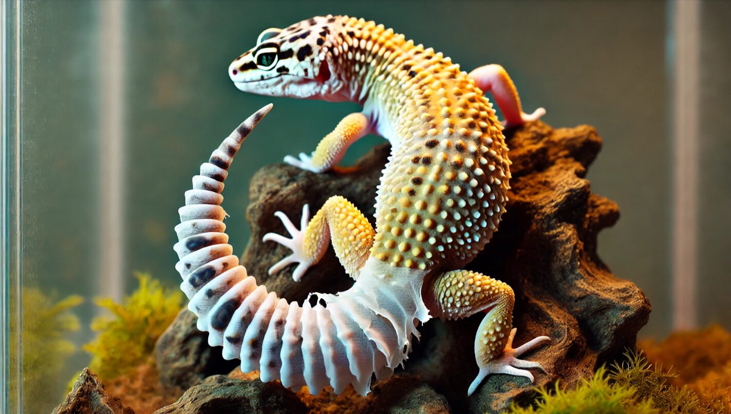 尻尾の先端にだけ古い皮が残っているレオパードゲッコー。脱皮不全が尻尾の一部に限定されるリスクを示す。