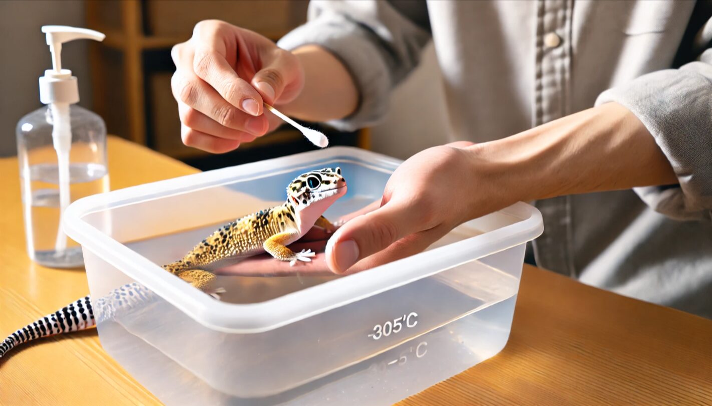 日本人の飼い主がぬるま湯で温浴中のレオパを綿棒で優しくケアしている様子。安全な脱皮補助方法を示す。