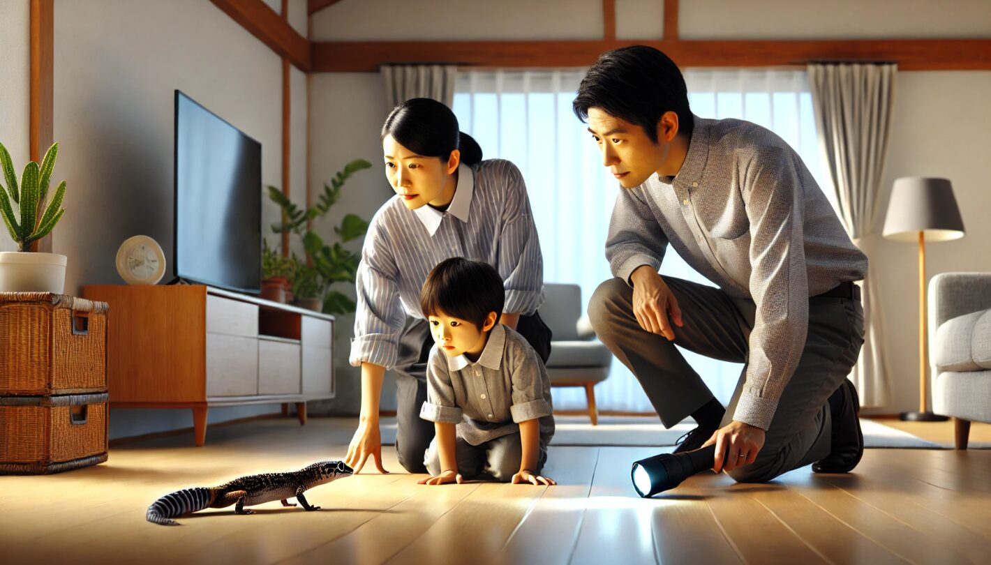 日本人の家族が懐中電灯で家具の下を覗き込み、脱走したレオパードゲッコーを探している様子。現代的なリビングルームで、心配そうな表情が印象的。