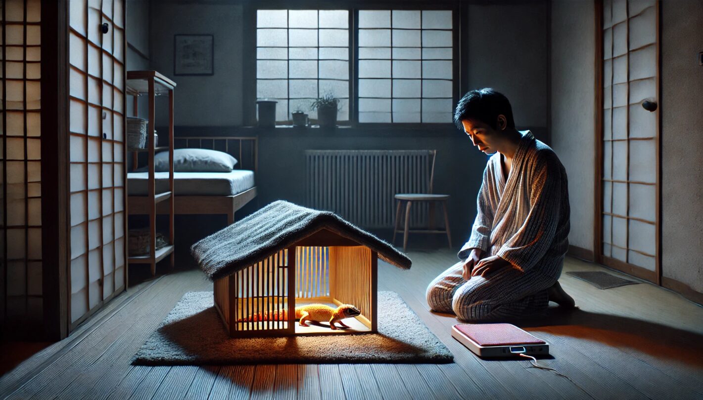 夜の静かな部屋で、レオパの帰還を願いながらヒートトラップを設置する日本人男性。希望と疲れが入り混じった表情。