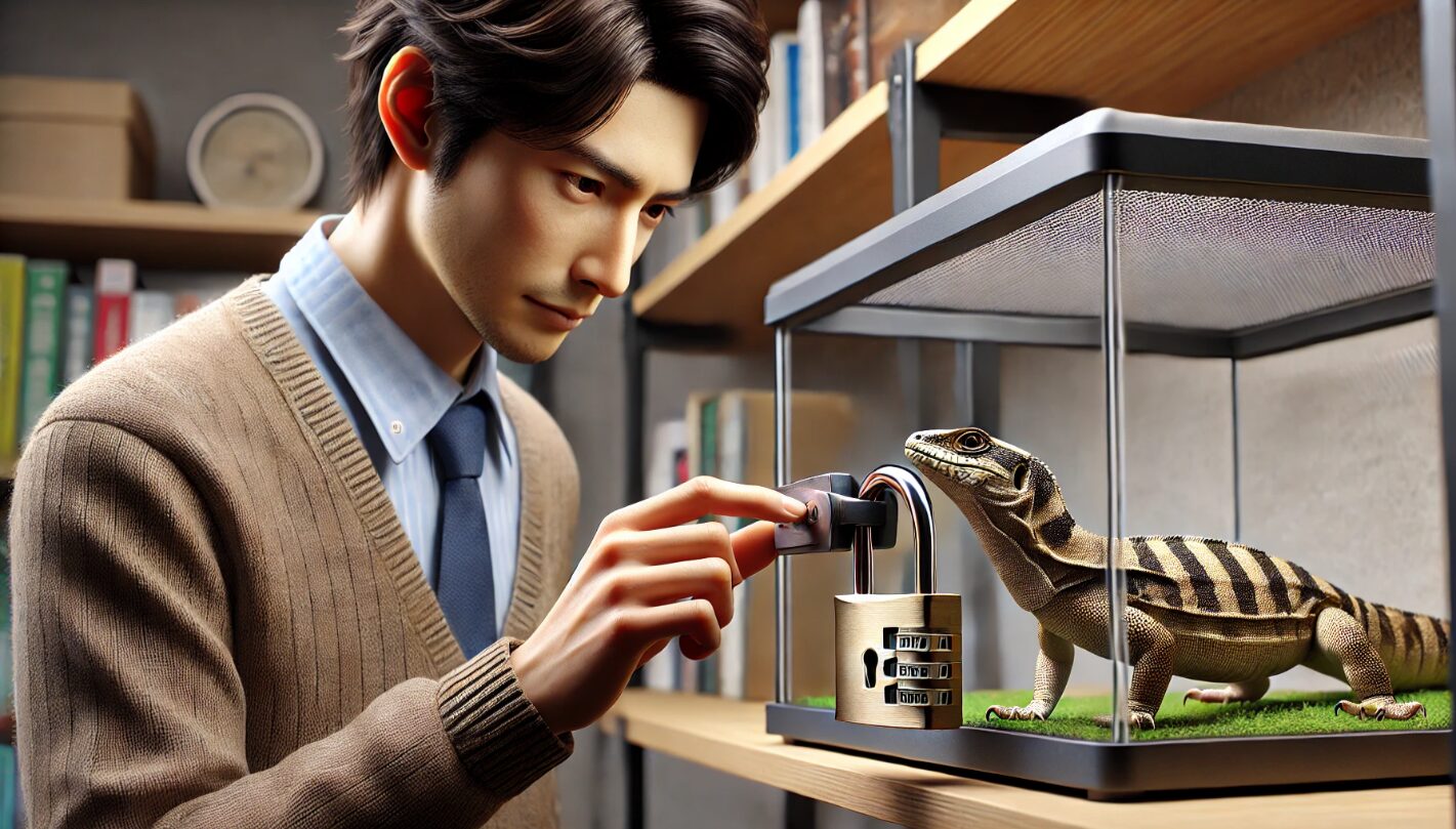 レオパの脱走を防ぐために、飼育ケージの蓋を丁寧にロックする日本人男性。