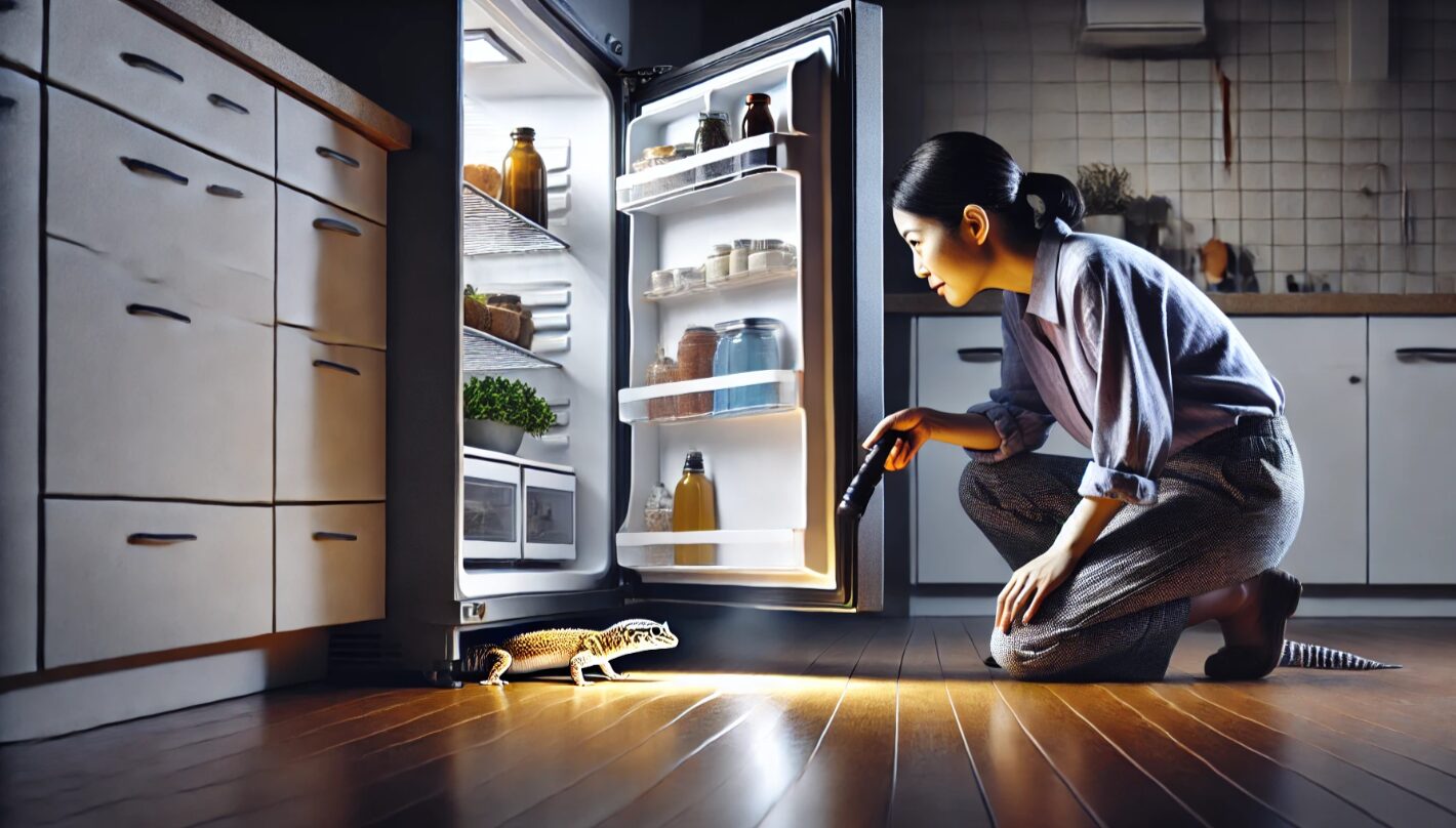 懐中電灯を使って冷蔵庫の下を真剣に探す日本人女性。レオパが隠れやすい場所の一つ。