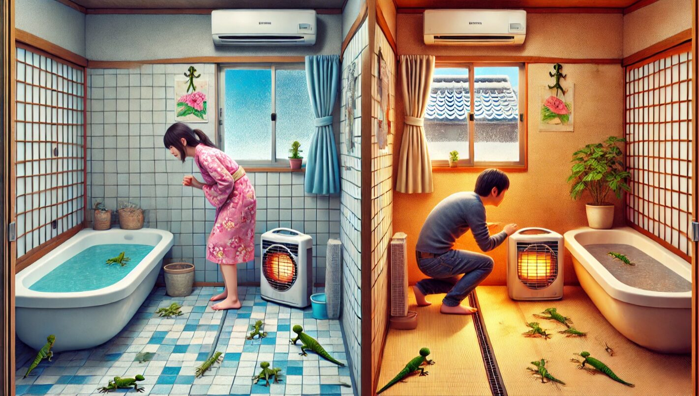 夏は涼しい場所、冬は暖かい場所を探す日本人男女の様子。季節ごとに変わるレオパの捜索ポイントを表現。