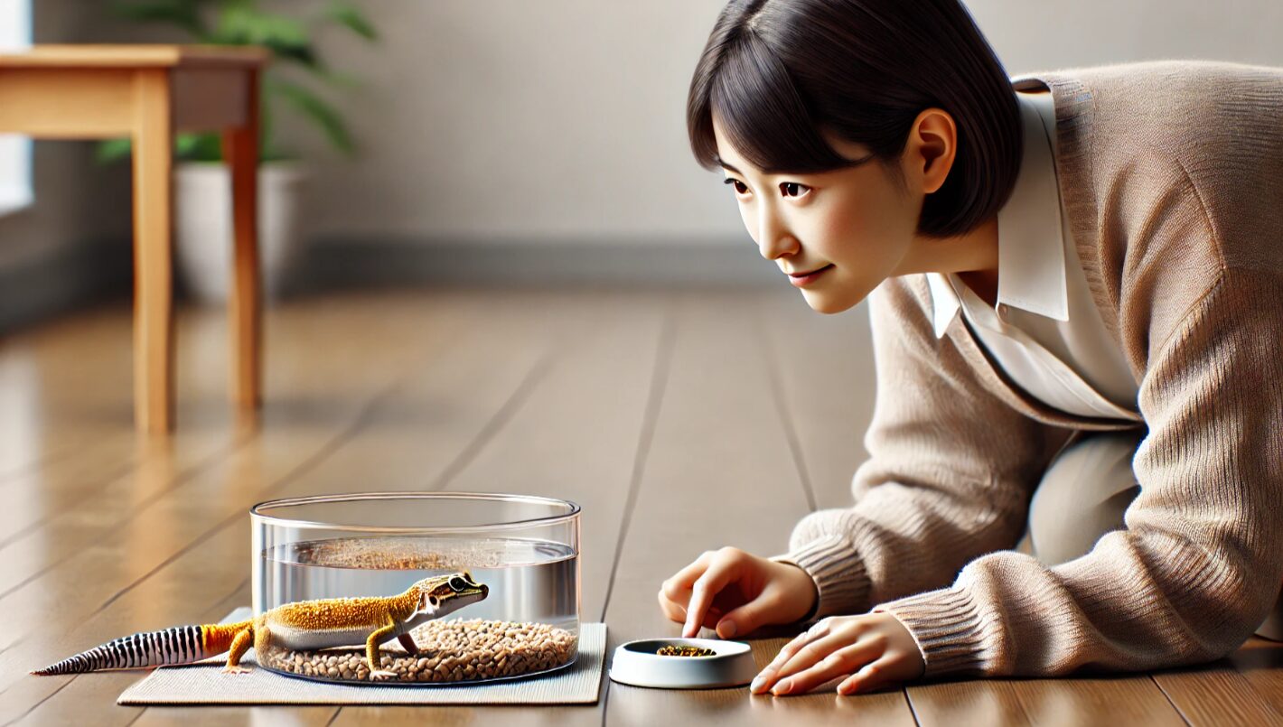 レオパの帰還を信じて、エサと水を確認する日本人女性。落ち着いた室内での待機戦略。