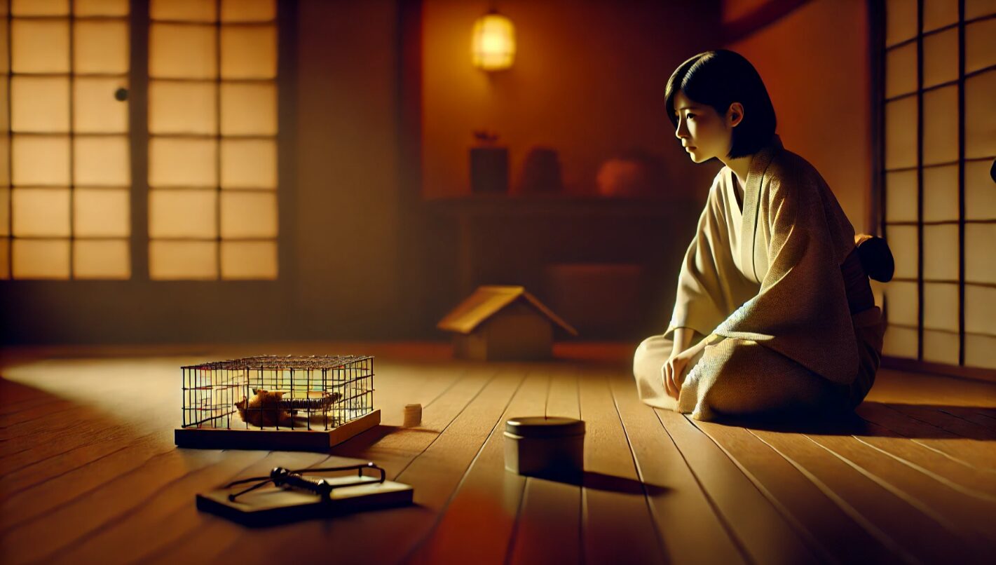 夜の薄暗い部屋で、レオパードゲッコーが戻ってくるのを信じ、罠と餌の近くで静かに座って見守る日本人女性。希望と根気を象徴する情景。