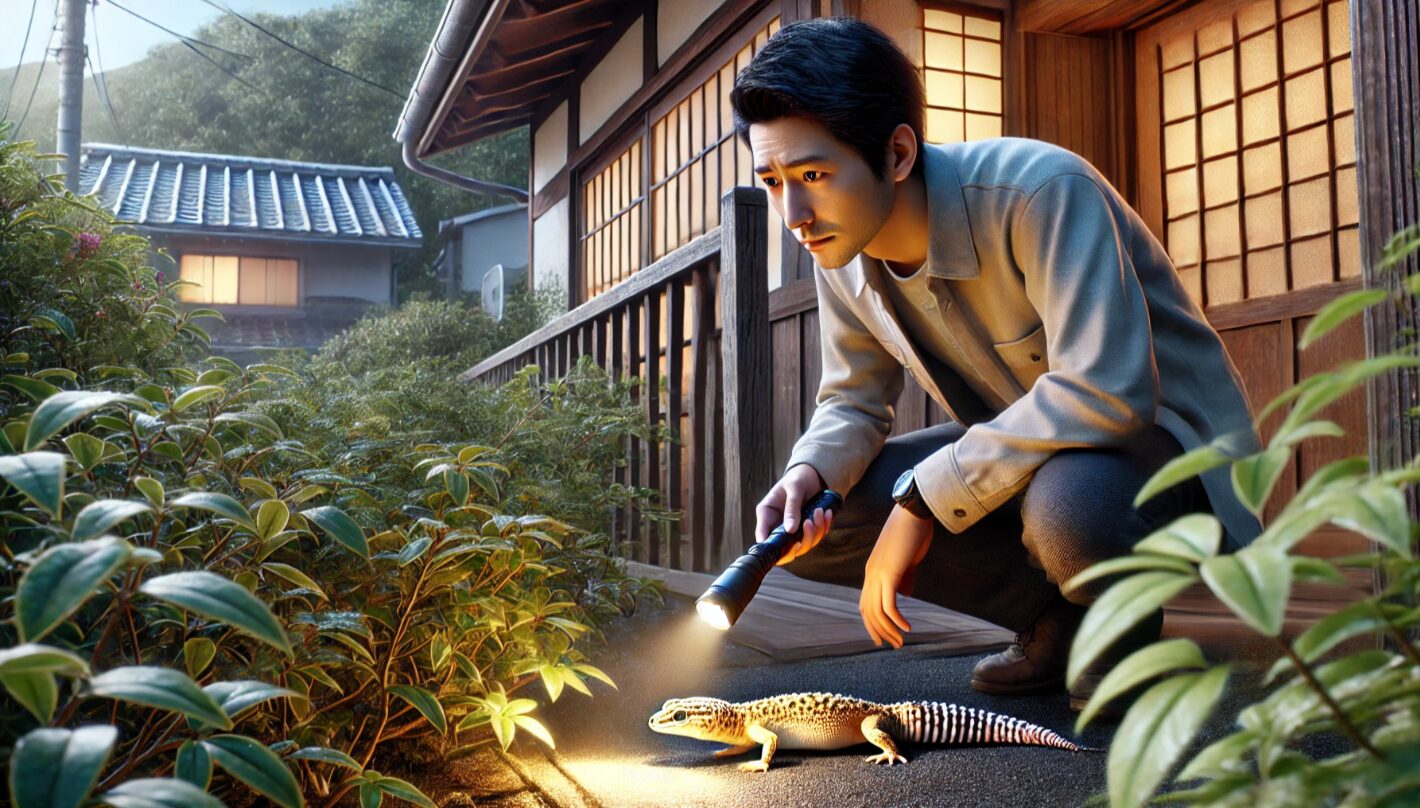 日本人男性が早朝、家の外で懐中電灯を使ってレオパを探す様子。草むらや縁の下など、屋外の捜索をリアルに再現。