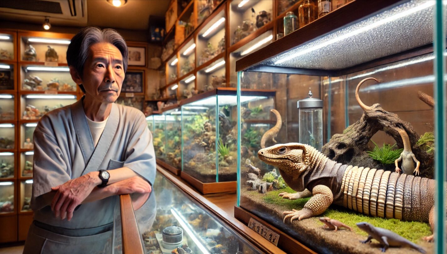 日本の爬虫類専門店でアルマジロトカゲを丁寧に管理する店員と、陳列されたガラスケージの様子。
