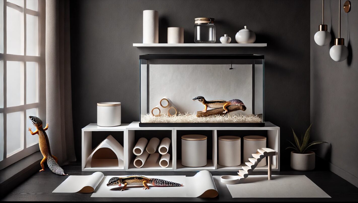 ガラスケージ内に安全かつスタイリッシュに100均アイテムを配置したレオパ用レイアウト