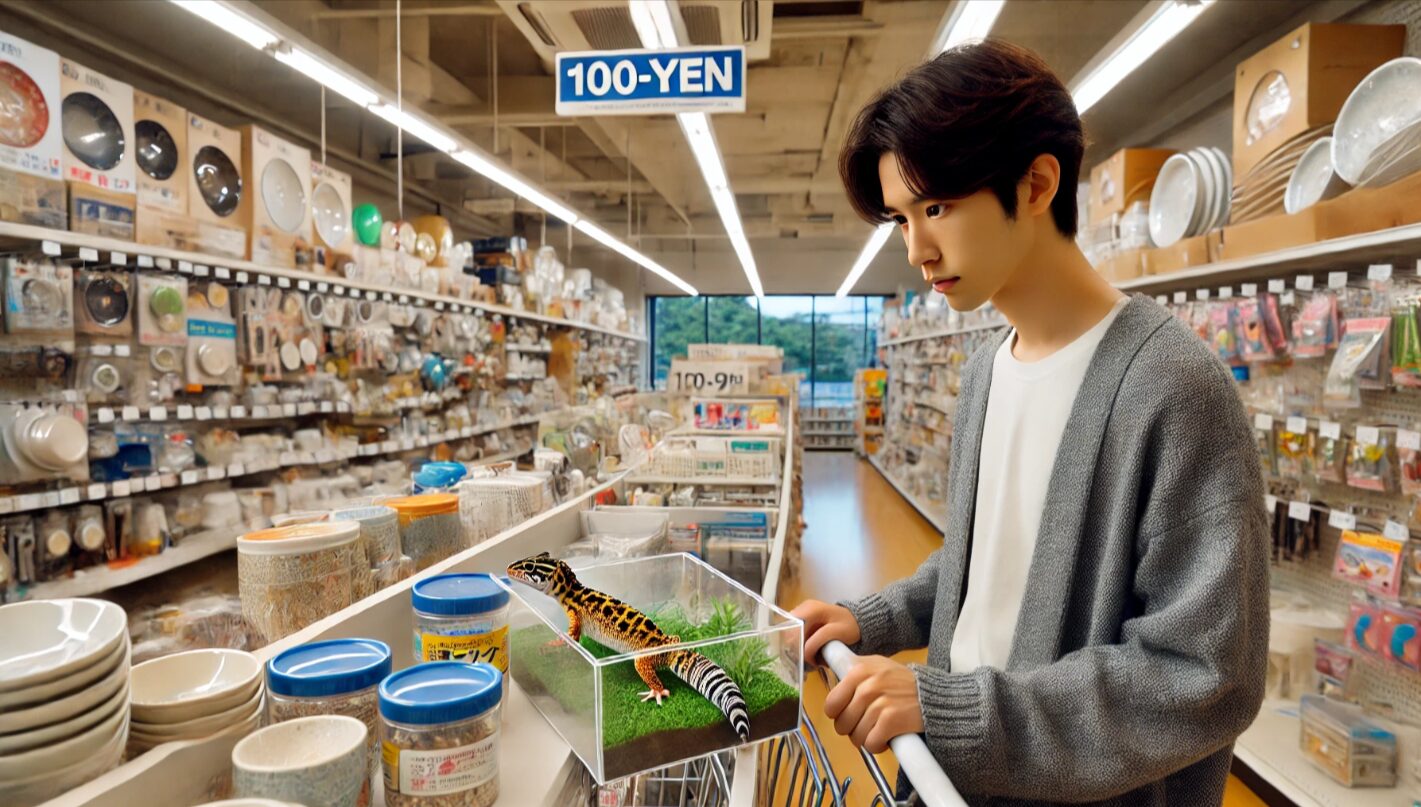 100円ショップでペット用品を探す日本人、店内には小鉢やプランターが並ぶ