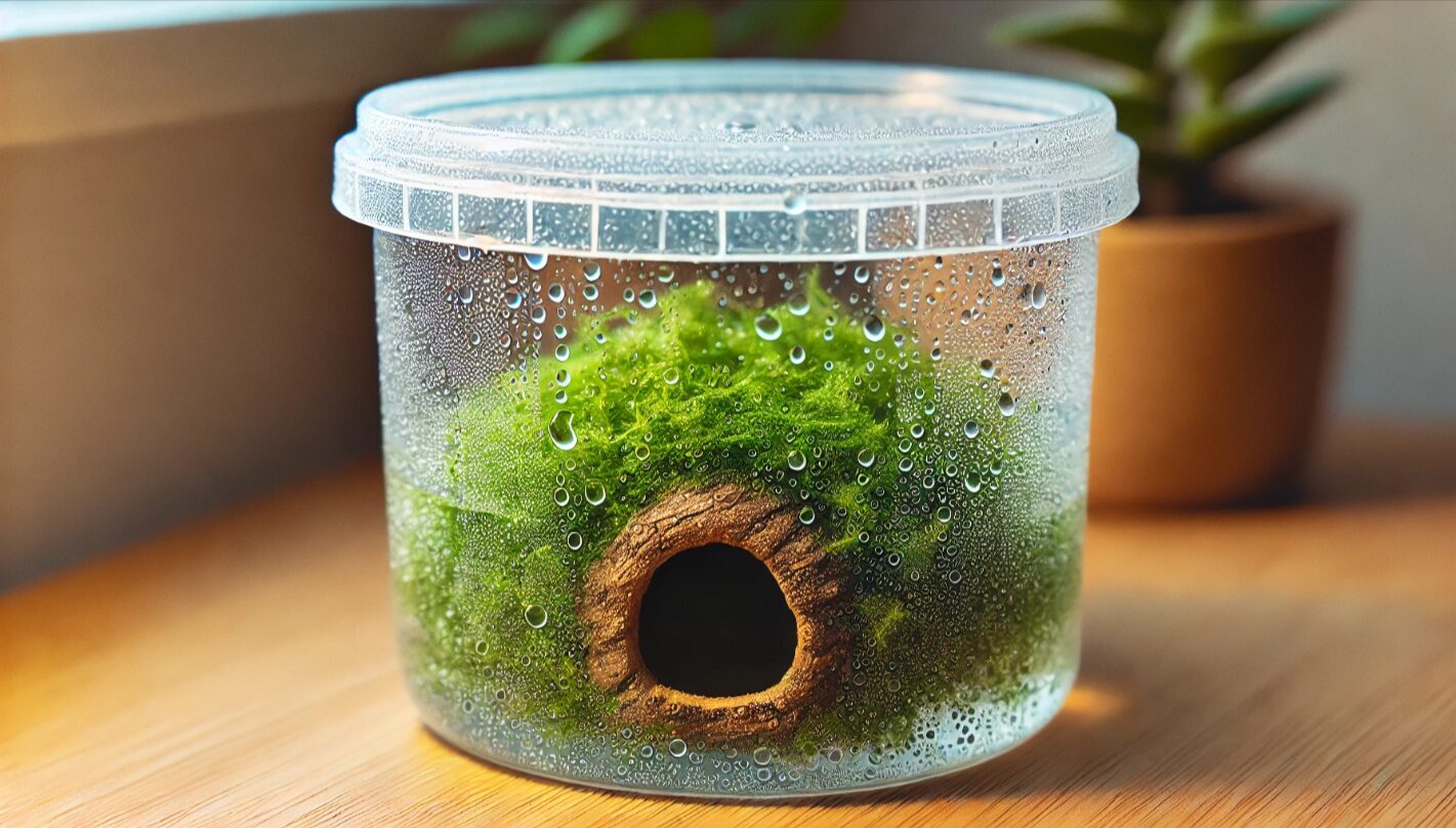 透明なタッパー型容器でDIYされたウェットシェルターのクローズアップ画像