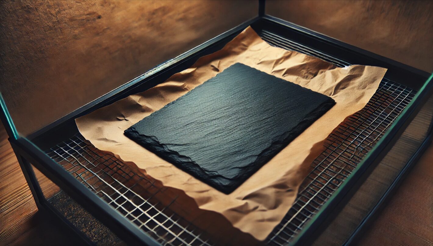 スレートプレートをガラスケージ内に安全に設置した様子、下には緩衝材が敷かれている