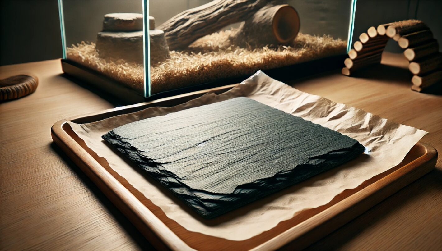 レオパ用ケージ内に敷かれたスレートプレートのアップ、滑らかに加工されている様子