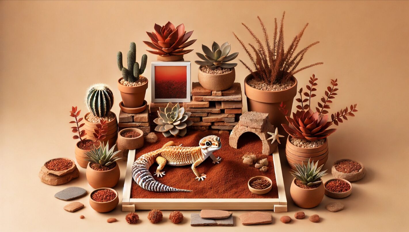 デザートスタイルに仕上げたレオパのケージ、テラコッタ鉢や砂を使ったナチュラルな風景