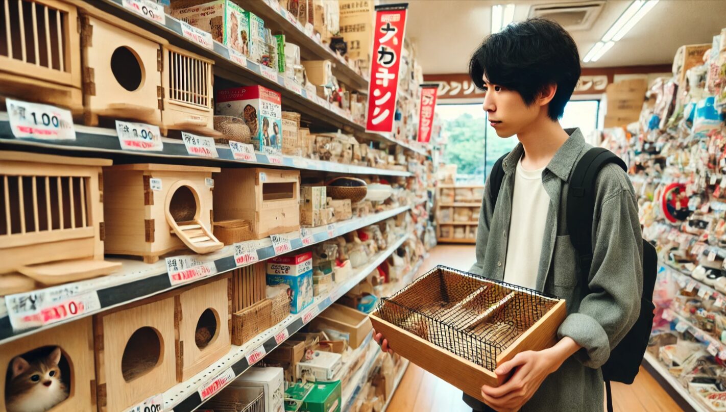 日本の100円ショップでDIYアイテムを探している人、木箱や小物が陳列された店内