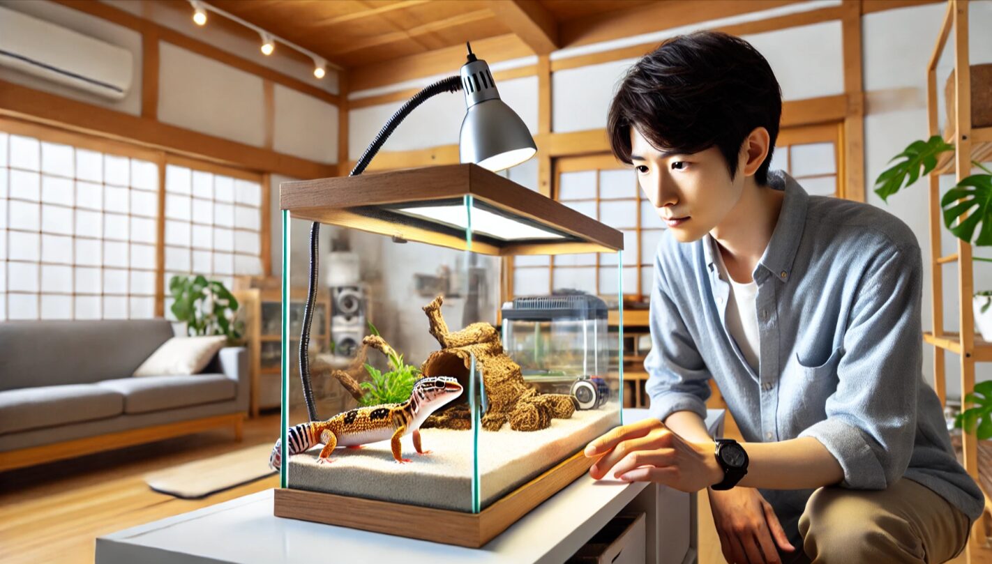 レオパのテラリウムを設置後、安全性を丁寧にチェックする日本人飼育者の様子