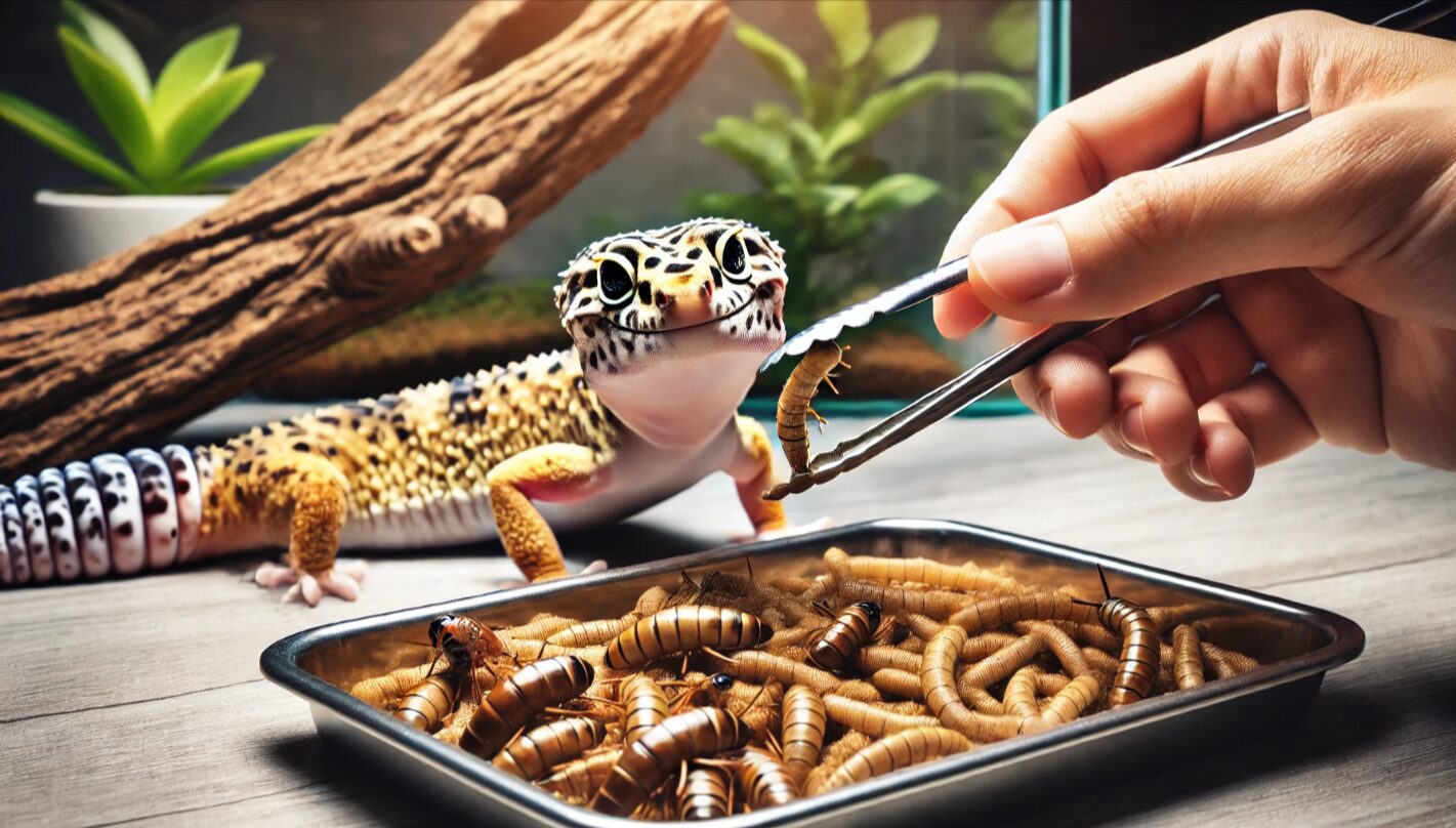 コオロギやミルワームを給餌用に準備し、テラリウム内のレオパが関心を示している場面。餌の種類と適切な量を視覚的に表現。