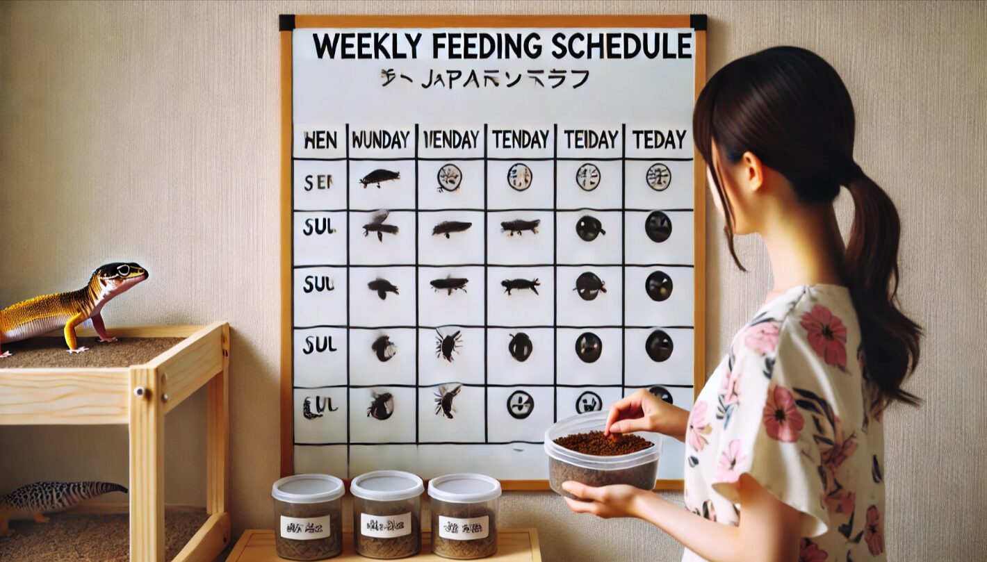 ホワイトボードにアイコンで表された給餌スケジュールと、それを元に餌準備をする飼い主。計画的なレオパの飼育管理を表現。