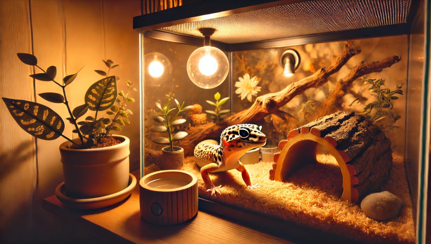 温かみのある室内で飼育されているヒョウモントカゲモドキと自然なテラリウムの様子。ヒーターやシェルターなどが整っており、安全な飼育環境が整備されている。